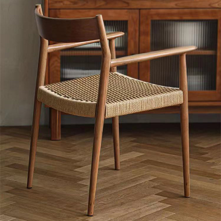 Contemporary Nordic Wood & Rope Square Dining Chair With Armrest & Backrest For Dining Room