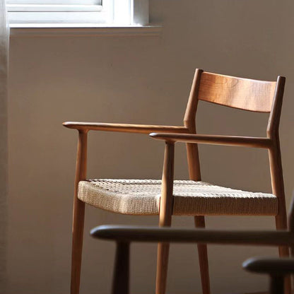 Contemporary Nordic Wood & Rope Square Dining Chair With Armrest & Backrest For Dining Room