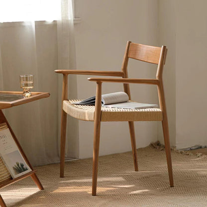 Contemporary Nordic Wood & Rope Square Dining Chair With Armrest & Backrest For Dining Room