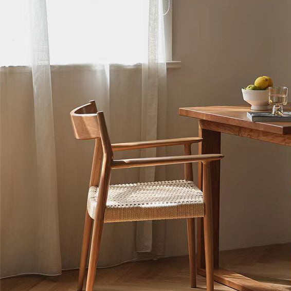 Contemporary Nordic Wood & Rope Square Dining Chair With Armrest & Backrest For Dining Room