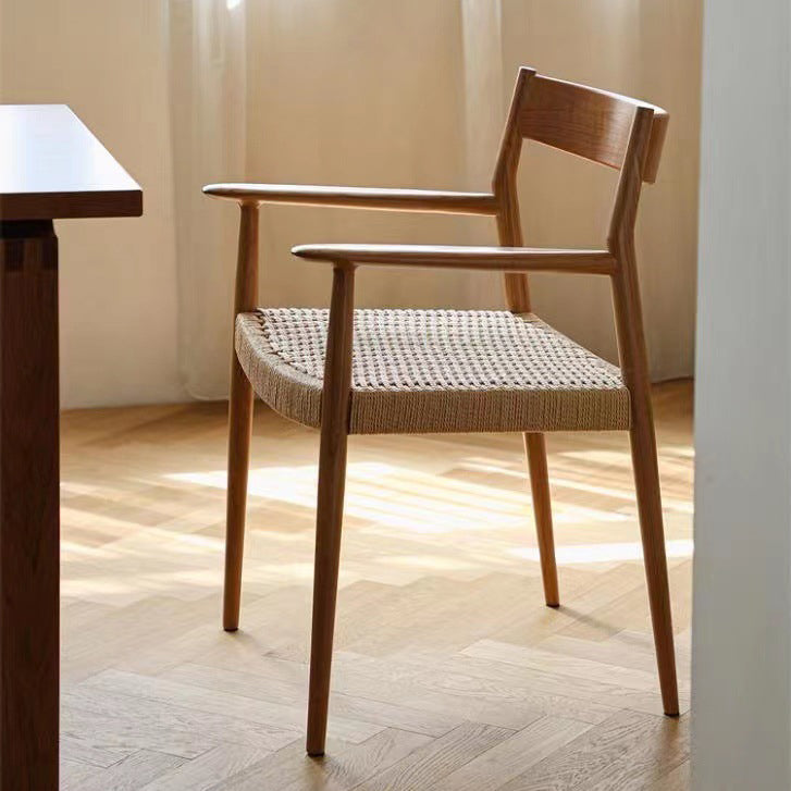 Contemporary Nordic Wood & Rope Square Dining Chair With Armrest & Backrest For Dining Room