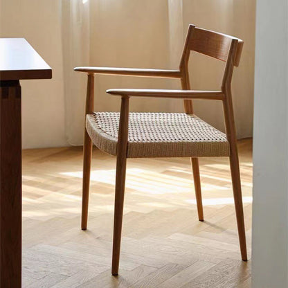 Contemporary Nordic Wood & Rope Square Dining Chair With Armrest & Backrest For Dining Room