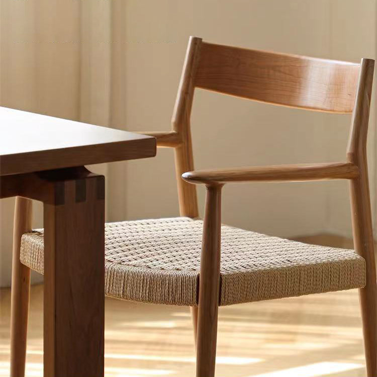 Contemporary Nordic Wood & Rope Square Dining Chair With Armrest & Backrest For Dining Room