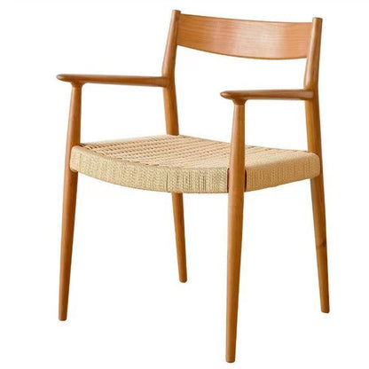 Contemporary Nordic Wood & Rope Square Dining Chair With Armrest & Backrest For Dining Room