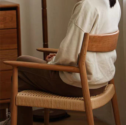 Contemporary Nordic Wood & Rope Square Dining Chair With Armrest & Backrest For Dining Room