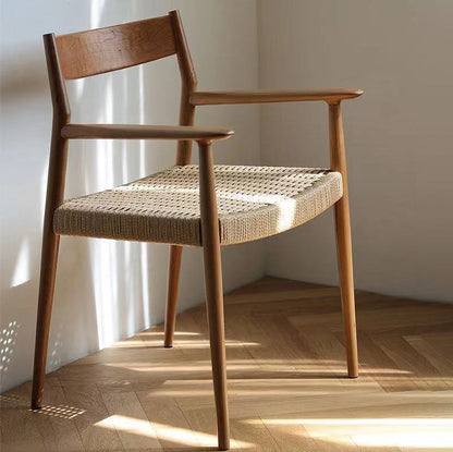 Contemporary Nordic Wood & Rope Square Dining Chair With Armrest & Backrest For Dining Room