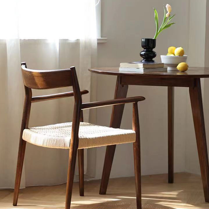 Contemporary Nordic Wood & Rope Square Dining Chair With Armrest & Backrest For Dining Room