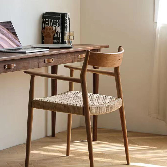 Contemporary Nordic Wood & Rope Square Dining Chair With Armrest & Backrest For Dining Room