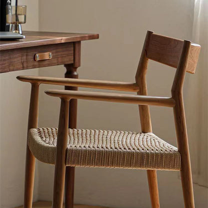 Contemporary Nordic Wood & Rope Square Dining Chair With Armrest & Backrest For Dining Room