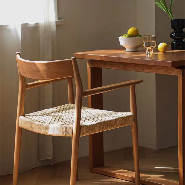 Contemporary Nordic Wood & Rope Square Dining Chair With Armrest & Backrest For Dining Room