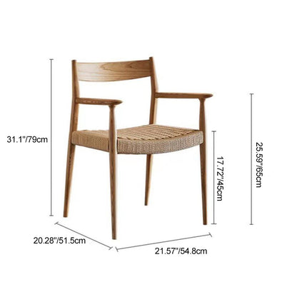 Contemporary Nordic Wood & Rope Square Dining Chair With Armrest & Backrest For Dining Room