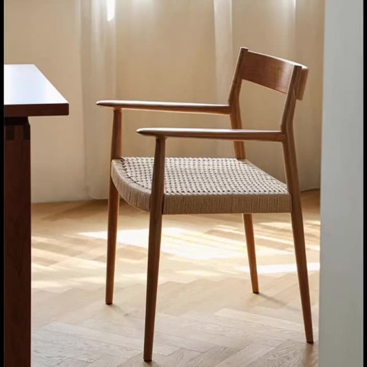 Contemporary Nordic Wood & Rope Square Dining Chair With Armrest & Backrest For Dining Room