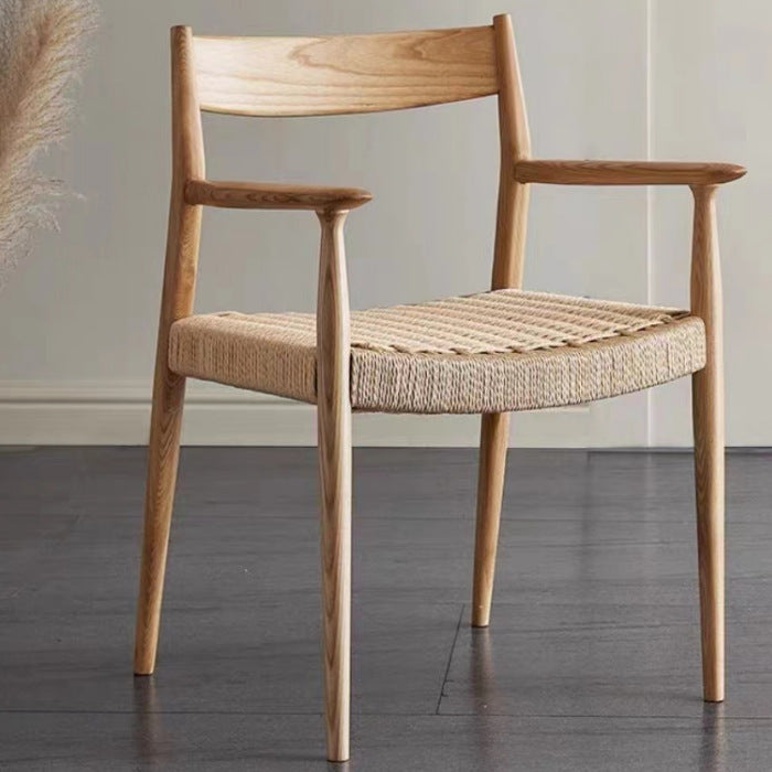 Contemporary Nordic Wood & Rope Square Dining Chair With Armrest & Backrest For Dining Room
