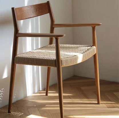 Contemporary Nordic Wood & Rope Square Dining Chair With Armrest & Backrest For Dining Room
