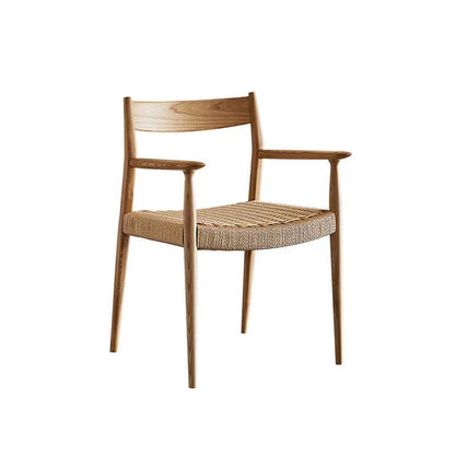 Contemporary Nordic Wood & Rope Square Dining Chair With Armrest & Backrest For Dining Room