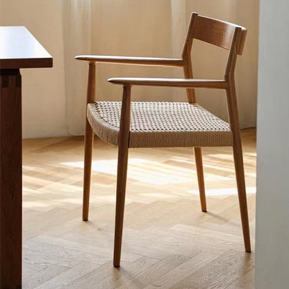 Contemporary Nordic Wood & Rope Square Dining Chair With Armrest & Backrest For Dining Room