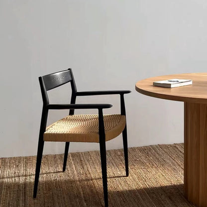 Contemporary Nordic Wood & Rope Square Dining Chair With Armrest & Backrest For Dining Room