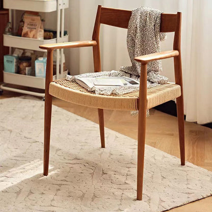 Contemporary Nordic Wood & Rope Square Dining Chair With Armrest & Backrest For Dining Room