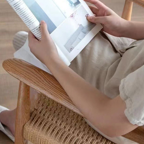 Contemporary Nordic Wood & Rope Square Dining Chair With Armrest & Backrest For Dining Room