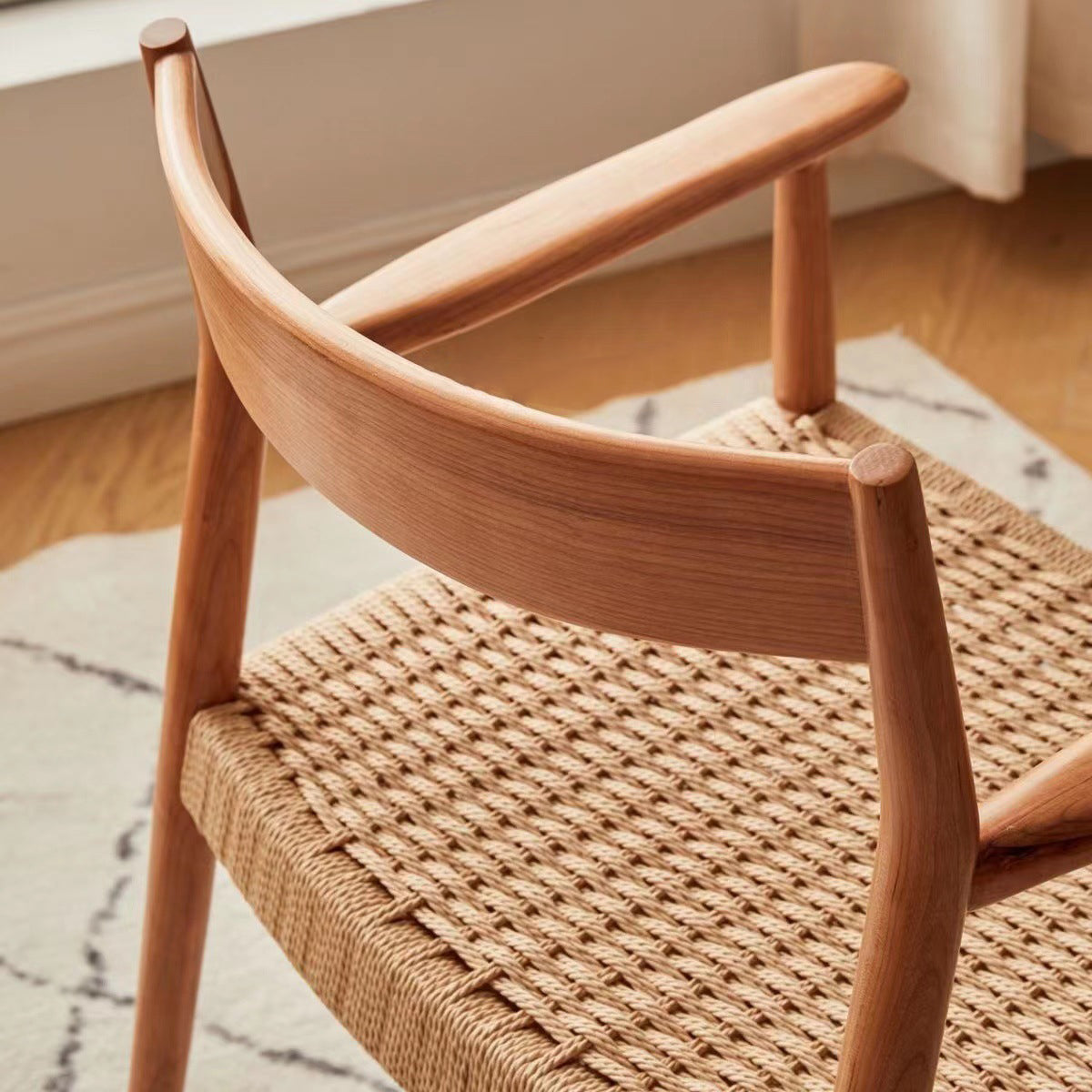 Contemporary Nordic Wood & Rope Square Dining Chair With Armrest & Backrest For Dining Room