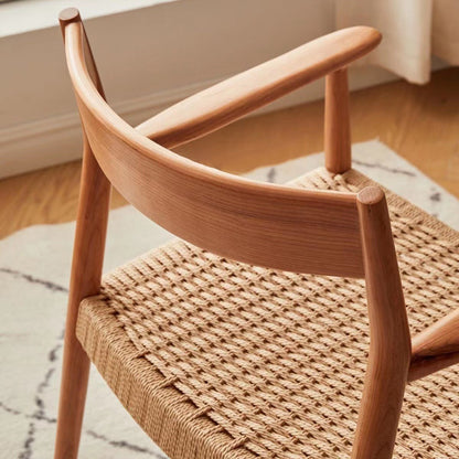 Contemporary Nordic Wood & Rope Square Dining Chair With Armrest & Backrest For Dining Room