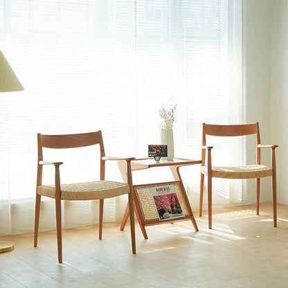 Contemporary Nordic Wood & Rope Square Dining Chair With Armrest & Backrest For Dining Room