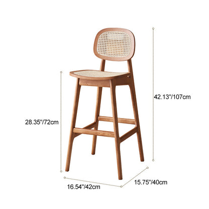 Contemporary Nordic Wood & Rattan Rectangular Bar Stool With Backrest & Footrest For Dining Room