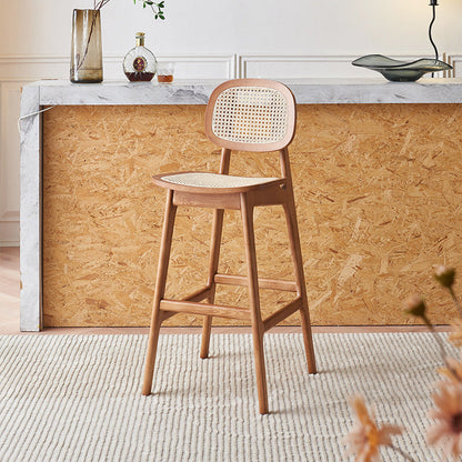 Contemporary Nordic Wood & Rattan Rectangular Bar Stool With Backrest & Footrest For Dining Room