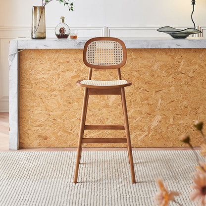 Contemporary Nordic Wood & Rattan Rectangular Bar Stool With Backrest & Footrest For Dining Room