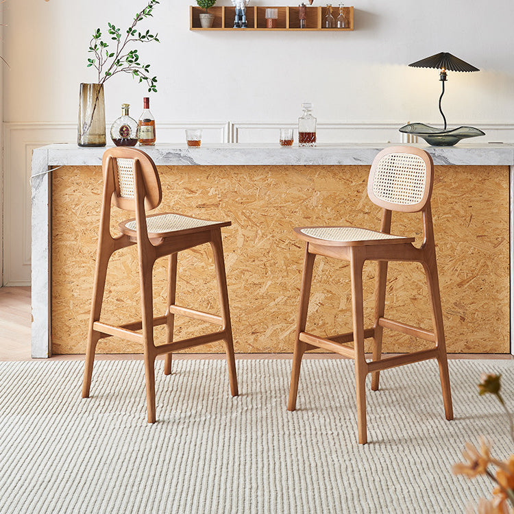 Contemporary Nordic Wood & Rattan Rectangular Bar Stool With Backrest & Footrest For Dining Room