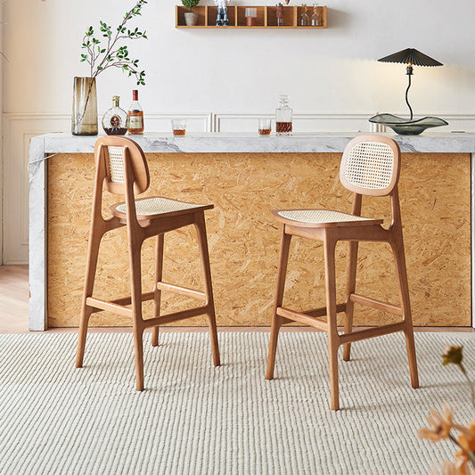 Contemporary Nordic Wood & Rattan Rectangular Bar Stool With Backrest & Footrest For Dining Room