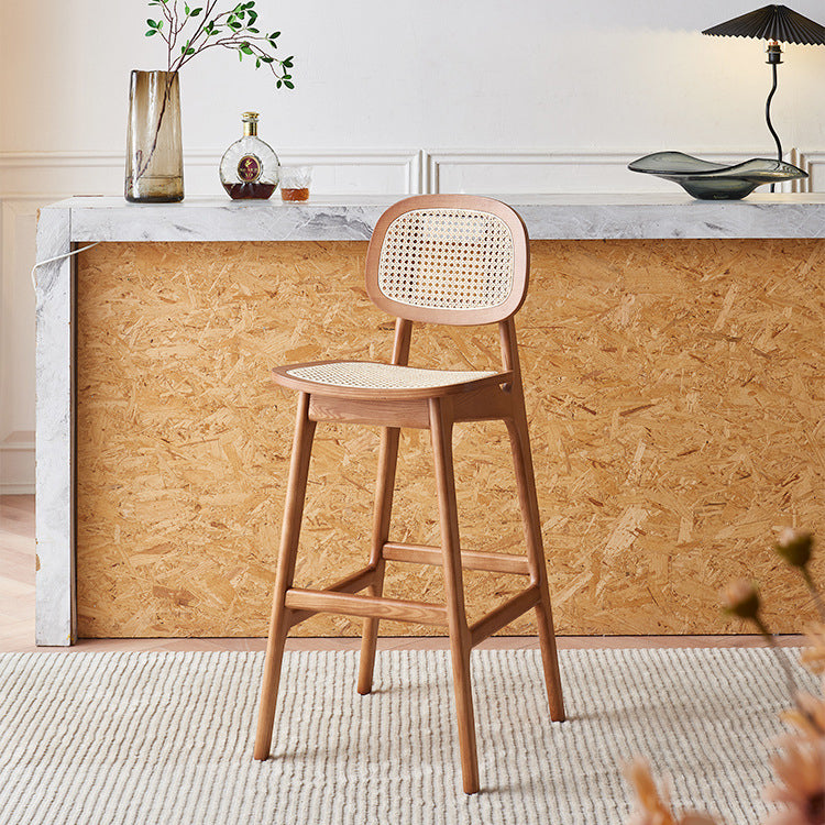 Contemporary Nordic Wood & Rattan Rectangular Bar Stool With Backrest & Footrest For Dining Room