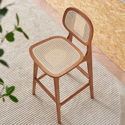 Contemporary Nordic Wood & Rattan Rectangular Bar Stool With Backrest & Footrest For Dining Room