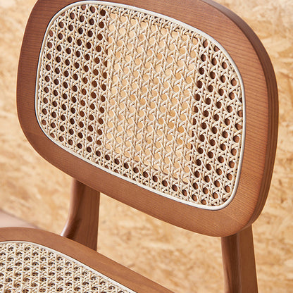 Contemporary Nordic Wood & Rattan Rectangular Bar Stool With Backrest & Footrest For Dining Room