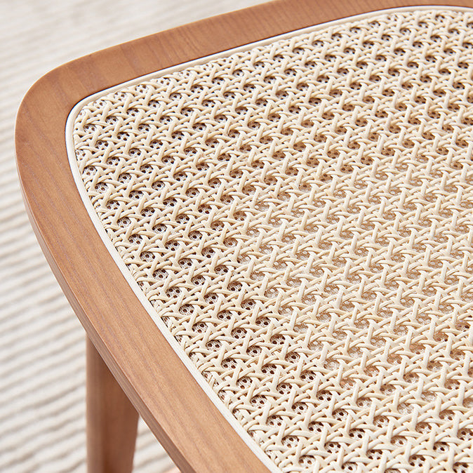 Contemporary Nordic Wood & Rattan Rectangular Bar Stool With Backrest & Footrest For Dining Room