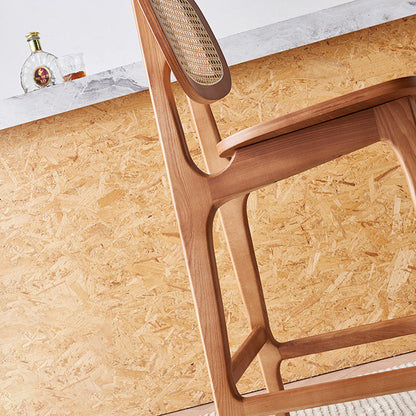 Contemporary Nordic Wood & Rattan Rectangular Bar Stool With Backrest & Footrest For Dining Room