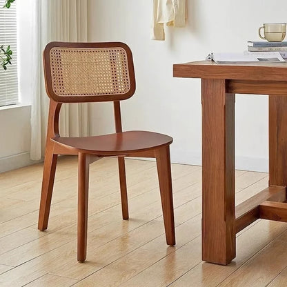 Contemporary Nordic Solid Wood & Rattan Square Dining Chair With Backrest For Dining Rooms