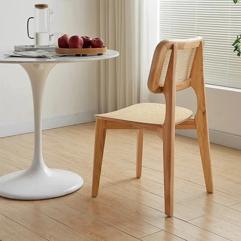 Contemporary Nordic Solid Wood & Rattan Square Dining Chair With Backrest For Dining Rooms