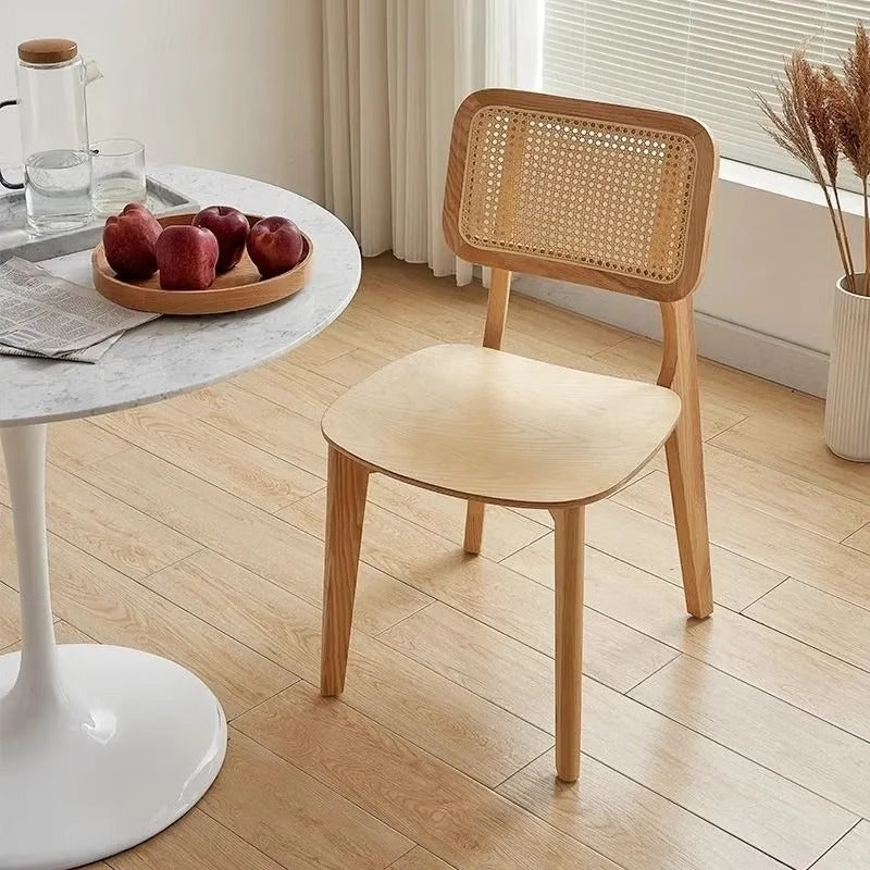 Contemporary Nordic Solid Wood & Rattan Square Dining Chair With Backrest For Dining Rooms