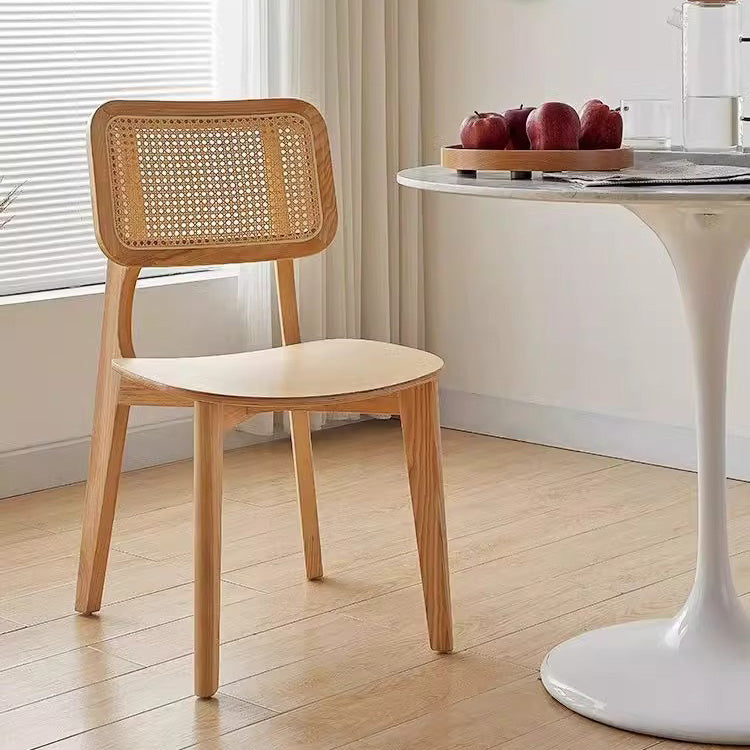 Contemporary Nordic Solid Wood & Rattan Square Dining Chair With Backrest For Dining Rooms