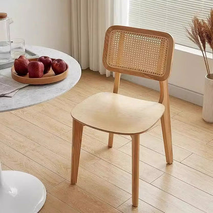 Contemporary Nordic Solid Wood & Rattan Square Dining Chair With Backrest For Dining Rooms