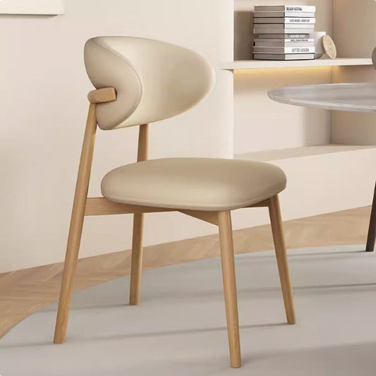 Contemporary Nordic Wood & Faux Leather Round-Back Dining Chair With Backrest For Dining Room