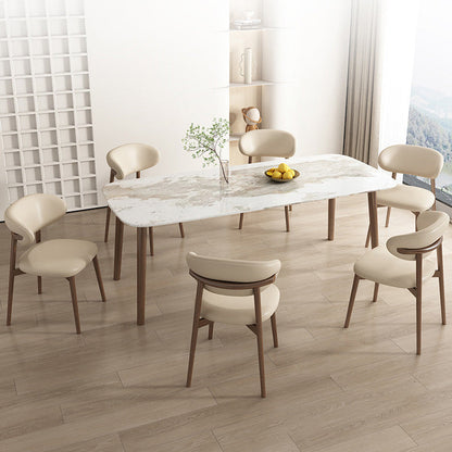 Contemporary Nordic Wood & Faux Leather Round-Back Dining Chair With Backrest For Dining Room