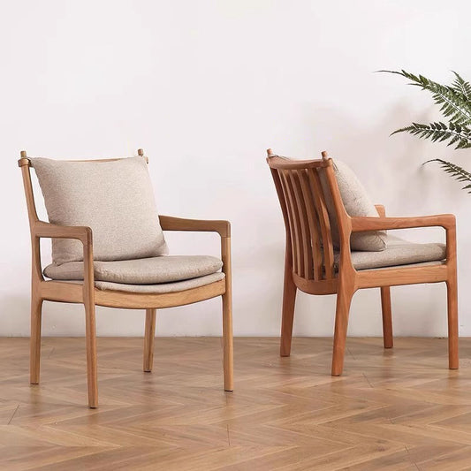 Contemporary Nordic Solid Wood Fabric Square Dining Chair With Backrest & Armrests For Living Room And Dining Room