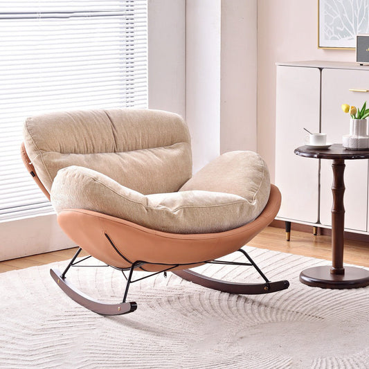 Modern Rocking Lounge Chair With Backrest - Faux Leather Base Chenille Fabric Upholstered Accent Chair For Living Room