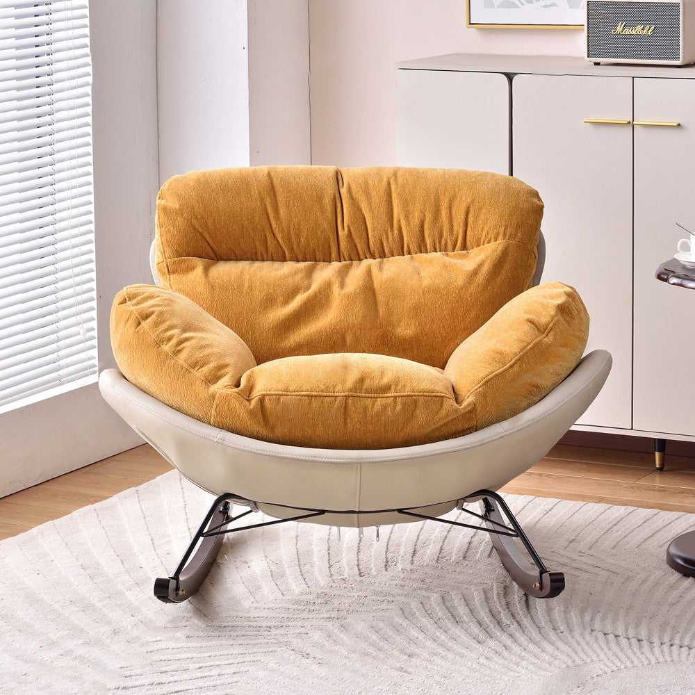 Modern Rocking Lounge Chair With Backrest - Faux Leather Base Chenille Fabric Upholstered Accent Chair For Living Room