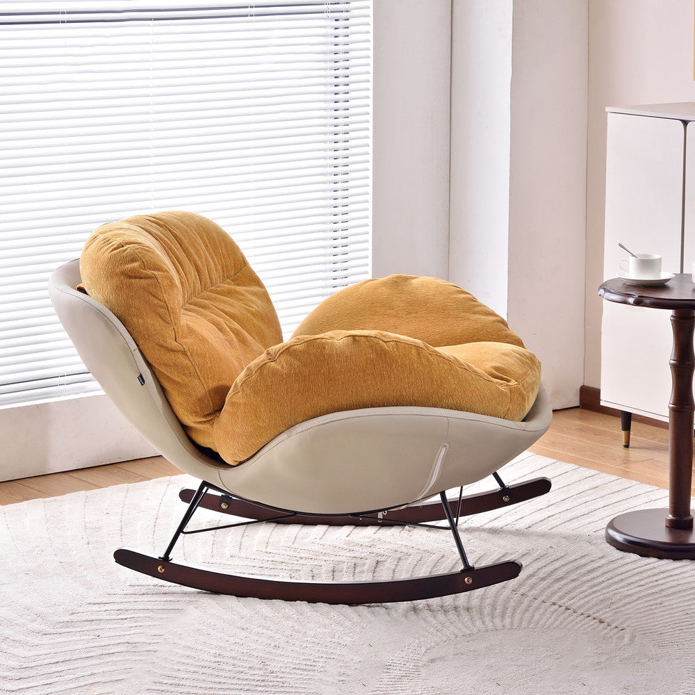Modern Rocking Lounge Chair With Backrest - Faux Leather Base Chenille Fabric Upholstered Accent Chair For Living Room