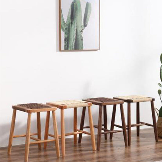 Contemporary Retro Cherry Wood Oak Walnut Cord Square Vanity Stool Backless For Bedroom