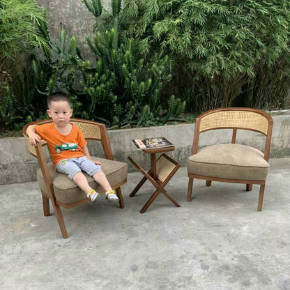 Traditional Japanese Rattan & Wood Weaving Accent Chair With Backrest For Living Room And Dining Room