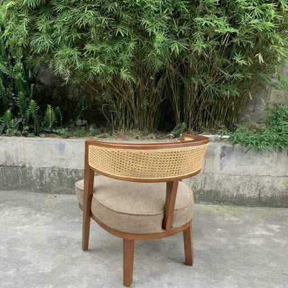 Traditional Japanese Rattan & Wood Weaving Accent Chair With Backrest For Living Room And Dining Room